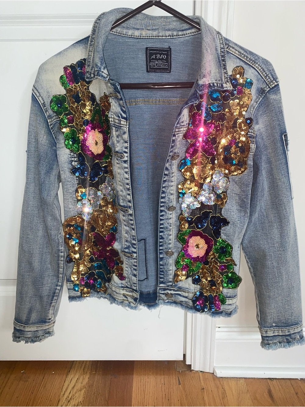Embellished Sequin Denim Jacket with Multicolor Sequin Floral Detail